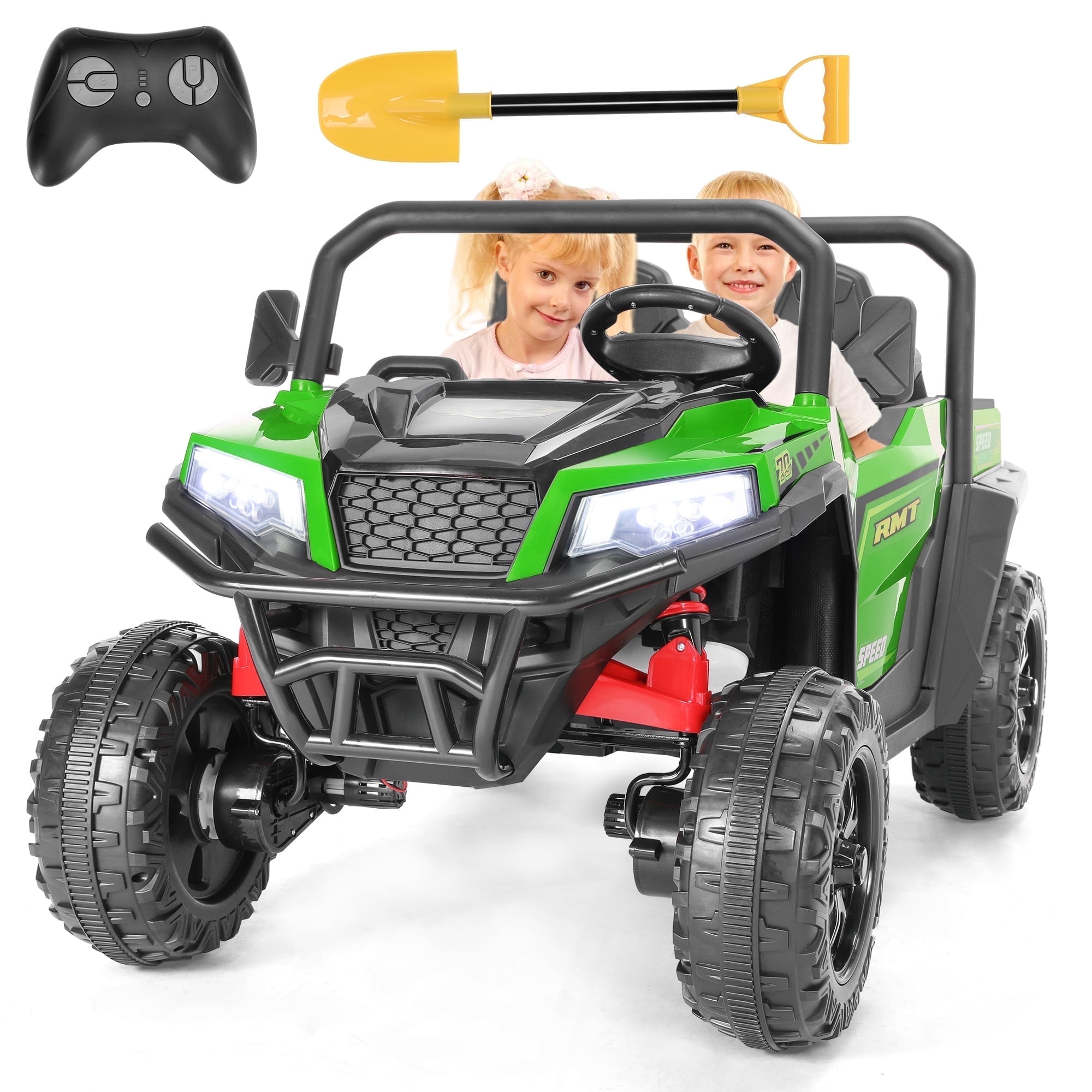 FUNTOK 24V 2 Seater Kids Electric Ride on Toys Car,4 x 200W Motor Battery Powered UTV,4WD Motorized Cars for Toddler w/ Dump Bed,Shovel,Remote Control,Bluetooth \u0026 4 Wheel Suspension,Green